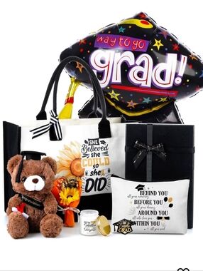 Graduation Gift Basket for Her - Black & White Tote with Teddy Bear